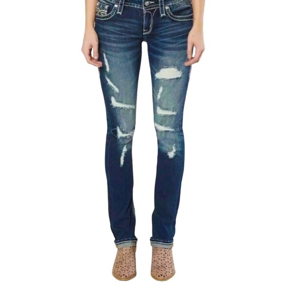 Rock Revival Priya Women’s Size 27 Straight Leg Distressed Rhinestones Jeans - Picture 5 of 12